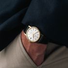 Vintage Omega Genève with white dial and gold plated case 136.0104 from 1974 watch wristshot